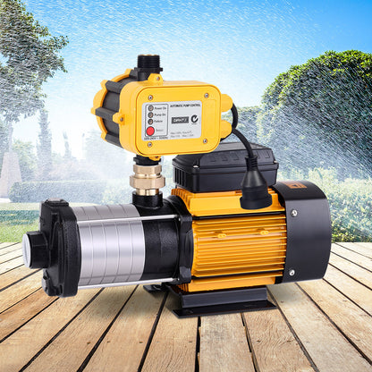 A Giantz Garden Water Pump High Pressure 2500W Multi Stage Tank Rain Irrigation Yellow with an automatic pump control module ensures constant on-demand water pressure. The pump is primarily black and silver with a yellow electric motor. The control module features several status lights, buttons, and connection cables.