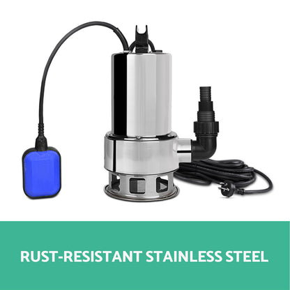 A Giantz Garden Submersible Pump 1800W Dirty Water Bore Tank Well Steel Sewerage with a handle on top and a black hose connector at the front. Featuring an 1800W motor, this pump boasts an impressive flow rate of 000 litres/hr. It also has a blue and black float switch attached to a cable for automatic operation based on water level.