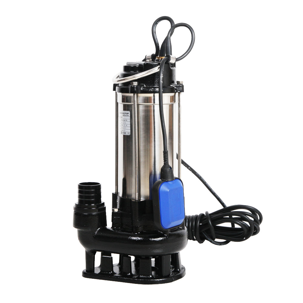 A Giantz Garden Submersible Pump 2000W Dirty Water Bore Tank Well Steel Sewerage with a powerful 2000W motor, featuring a black base and handle. Measurement labels indicate various dimensions: 14.5cm width, 22.3cm height, 21cm base width, and 15cm length. The attached power cord is 10m long.