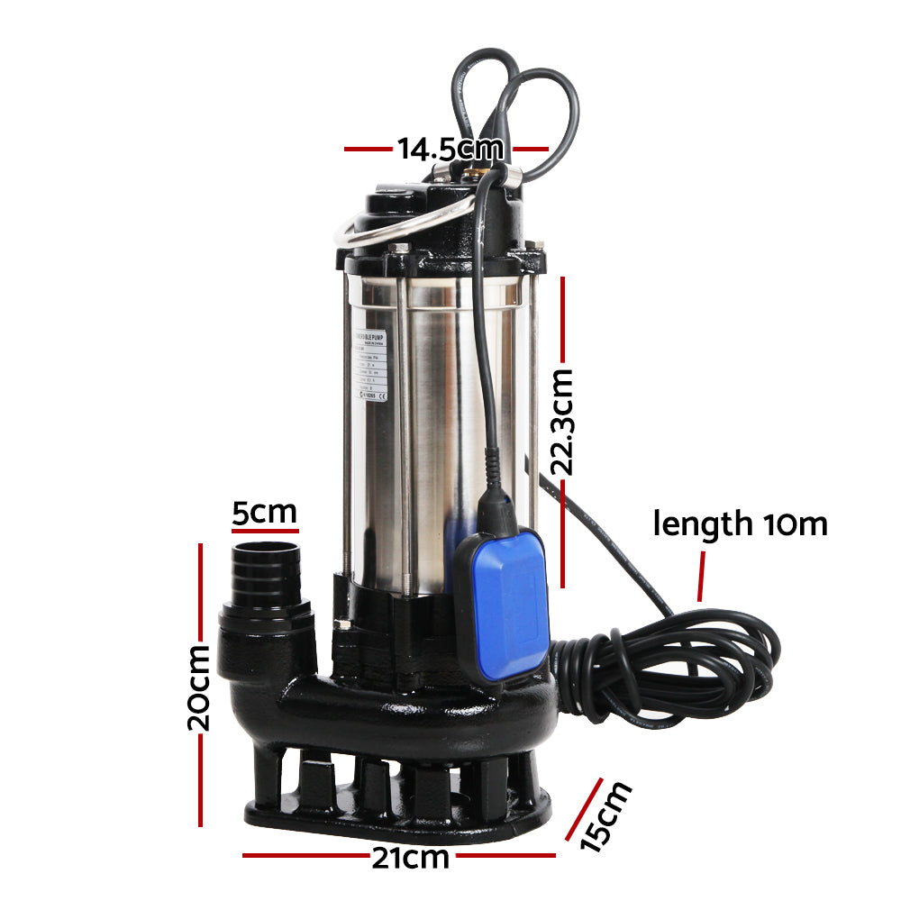 A Giantz Garden Submersible Pump 2000W Dirty Water Bore Tank Well Steel Sewerage with a powerful 2000W motor, featuring a black base and handle. Measurement labels indicate various dimensions: 14.5cm width, 22.3cm height, 21cm base width, and 15cm length. The attached power cord is 10m long.