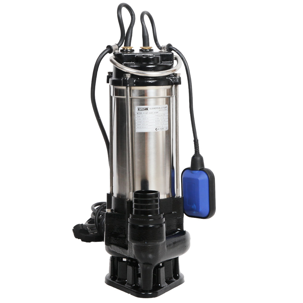 A Giantz Garden Submersible Pump 2000W Dirty Water Bore Tank Well Steel Sewerage with a powerful 2000W motor, featuring a black base and handle. Measurement labels indicate various dimensions: 14.5cm width, 22.3cm height, 21cm base width, and 15cm length. The attached power cord is 10m long.