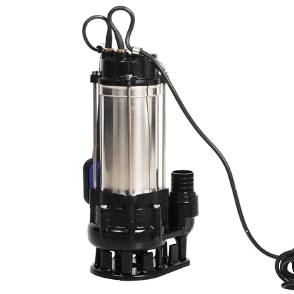 A Giantz Garden Submersible Pump 2000W Dirty Water Bore Tank Well Steel Sewerage with a powerful 2000W motor, featuring a black base and handle. Measurement labels indicate various dimensions: 14.5cm width, 22.3cm height, 21cm base width, and 15cm length. The attached power cord is 10m long.