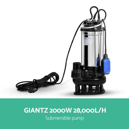 A Giantz Garden Submersible Pump 2000W Dirty Water Bore Tank Well Steel Sewerage with a powerful 2000W motor, featuring a black base and handle. Measurement labels indicate various dimensions: 14.5cm width, 22.3cm height, 21cm base width, and 15cm length. The attached power cord is 10m long.