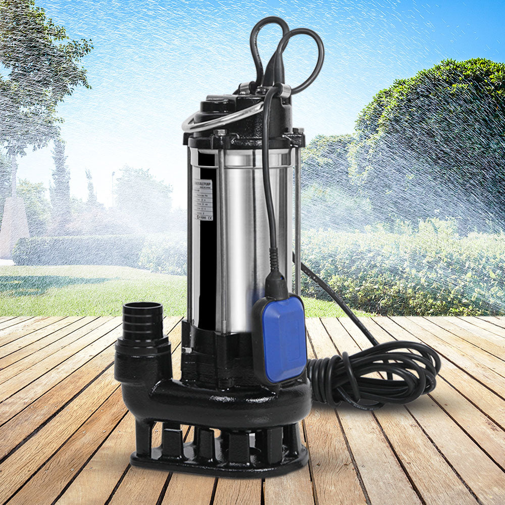 A Giantz Garden Submersible Pump 2000W Dirty Water Bore Tank Well Steel Sewerage with a powerful 2000W motor, featuring a black base and handle. Measurement labels indicate various dimensions: 14.5cm width, 22.3cm height, 21cm base width, and 15cm length. The attached power cord is 10m long.