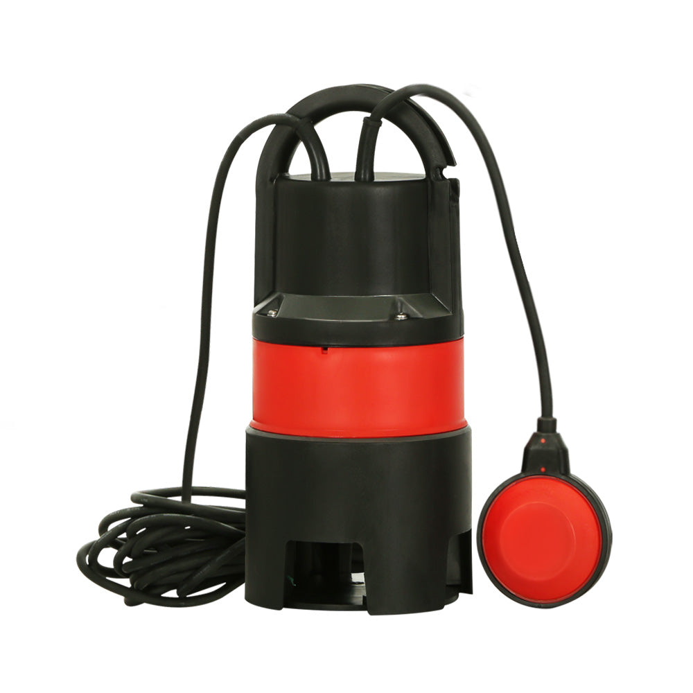 Image of the Giantz 400W Water Pump Dirty Submersible Sump Swim Pool Flooding Pond Clean in black and red with a float switch, ideal for a home irrigation system. The pump features a handle on top and a long power cord. The circular float switch, attached to the cord, is predominantly red with a black edge. Perfect for handling dirty water efficiently.