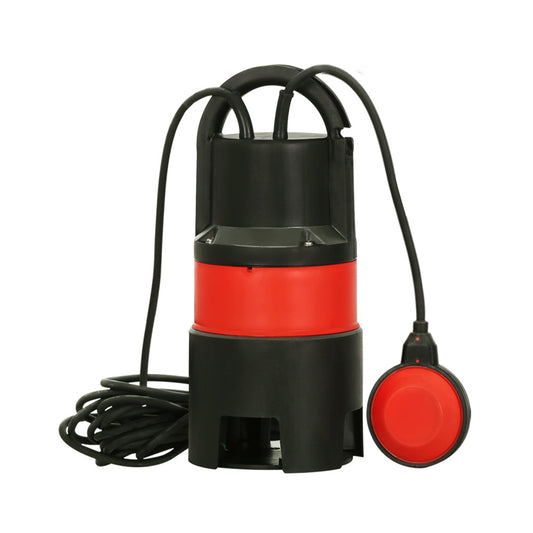 Image of the Giantz 400W Water Pump Dirty Submersible Sump Swim Pool Flooding Pond Clean in black and red with a float switch, ideal for a home irrigation system. The pump features a handle on top and a long power cord. The circular float switch, attached to the cord, is predominantly red with a black edge. Perfect for handling dirty water efficiently.