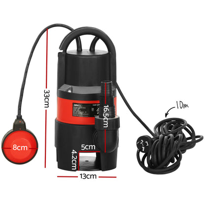 Image of the Giantz 400W Water Pump Dirty Submersible Sump Swim Pool Flooding Pond Clean in black and red with a float switch, ideal for a home irrigation system. The pump features a handle on top and a long power cord. The circular float switch, attached to the cord, is predominantly red with a black edge. Perfect for handling dirty water efficiently.