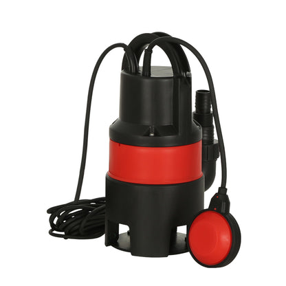 Image of the Giantz 400W Water Pump Dirty Submersible Sump Swim Pool Flooding Pond Clean in black and red with a float switch, ideal for a home irrigation system. The pump features a handle on top and a long power cord. The circular float switch, attached to the cord, is predominantly red with a black edge. Perfect for handling dirty water efficiently.