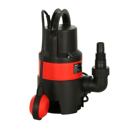 Image of the Giantz 400W Water Pump Dirty Submersible Sump Swim Pool Flooding Pond Clean in black and red with a float switch, ideal for a home irrigation system. The pump features a handle on top and a long power cord. The circular float switch, attached to the cord, is predominantly red with a black edge. Perfect for handling dirty water efficiently.