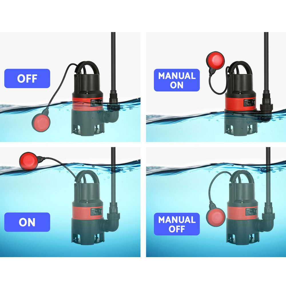 Image of the Giantz 400W Water Pump Dirty Submersible Sump Swim Pool Flooding Pond Clean in black and red with a float switch, ideal for a home irrigation system. The pump features a handle on top and a long power cord. The circular float switch, attached to the cord, is predominantly red with a black edge. Perfect for handling dirty water efficiently.