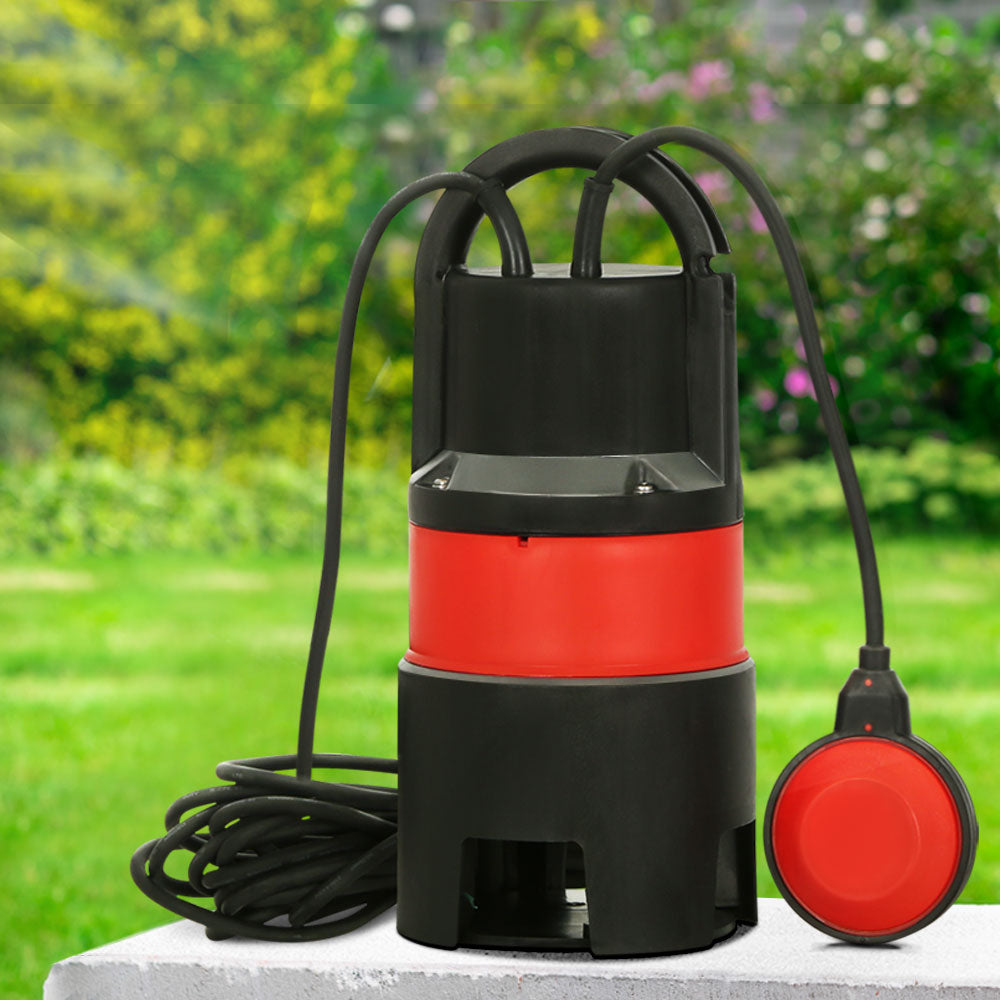 Image of the Giantz 400W Water Pump Dirty Submersible Sump Swim Pool Flooding Pond Clean in black and red with a float switch, ideal for a home irrigation system. The pump features a handle on top and a long power cord. The circular float switch, attached to the cord, is predominantly red with a black edge. Perfect for handling dirty water efficiently.