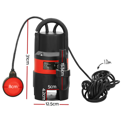 The Giantz Garden Submersible Pump 550W Dirty Water Bore Tank Well Steel Sewerage, featuring a black and red body, is equipped with multiple black cables including a float switch attached to one. Ideal for home irrigation systems, this pump is designed to efficiently move water, making it perfect for drainage or removing standing water.