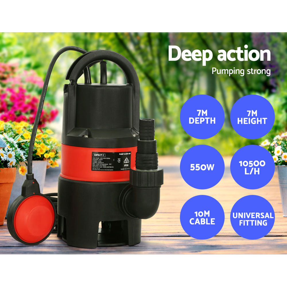 The Giantz Garden Submersible Pump 550W Dirty Water Bore Tank Well Steel Sewerage, featuring a black and red body, is equipped with multiple black cables including a float switch attached to one. Ideal for home irrigation systems, this pump is designed to efficiently move water, making it perfect for drainage or removing standing water.