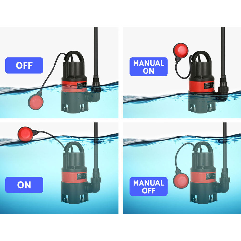 The Giantz Garden Submersible Pump 550W Dirty Water Bore Tank Well Steel Sewerage, featuring a black and red body, is equipped with multiple black cables including a float switch attached to one. Ideal for home irrigation systems, this pump is designed to efficiently move water, making it perfect for drainage or removing standing water.