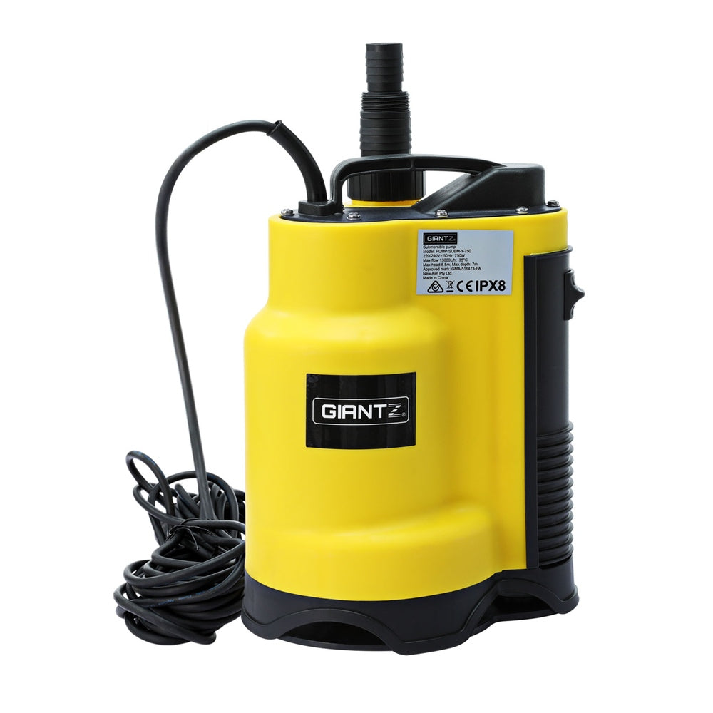 A bright yellow submersible pump with black accents and a black power cord, ideal for draining flooded areas or dirty water, is labeled "Giantz Garden Water Submersible Pump 400W Dirty Bore Sewerage Tank Well Steel" and features a handle on top for easy transport. A product label is also visible on the side of the pump.