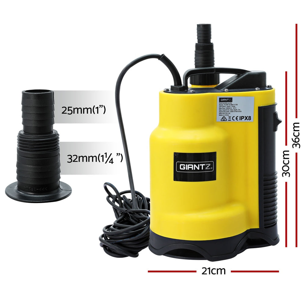 A bright yellow submersible pump with black accents and a black power cord, ideal for draining flooded areas or dirty water, is labeled "Giantz Garden Water Submersible Pump 400W Dirty Bore Sewerage Tank Well Steel" and features a handle on top for easy transport. A product label is also visible on the side of the pump.