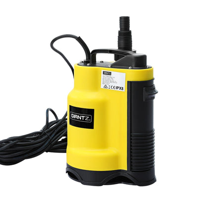 A bright yellow submersible pump with black accents and a black power cord, ideal for draining flooded areas or dirty water, is labeled "Giantz Garden Water Submersible Pump 400W Dirty Bore Sewerage Tank Well Steel" and features a handle on top for easy transport. A product label is also visible on the side of the pump.