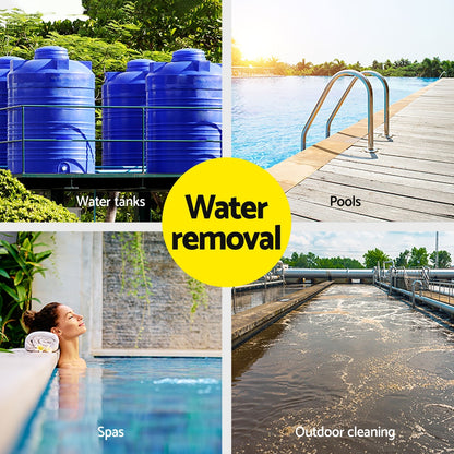 A bright yellow submersible pump with black accents and a black power cord, ideal for draining flooded areas or dirty water, is labeled "Giantz Garden Water Submersible Pump 400W Dirty Bore Sewerage Tank Well Steel" and features a handle on top for easy transport. A product label is also visible on the side of the pump.