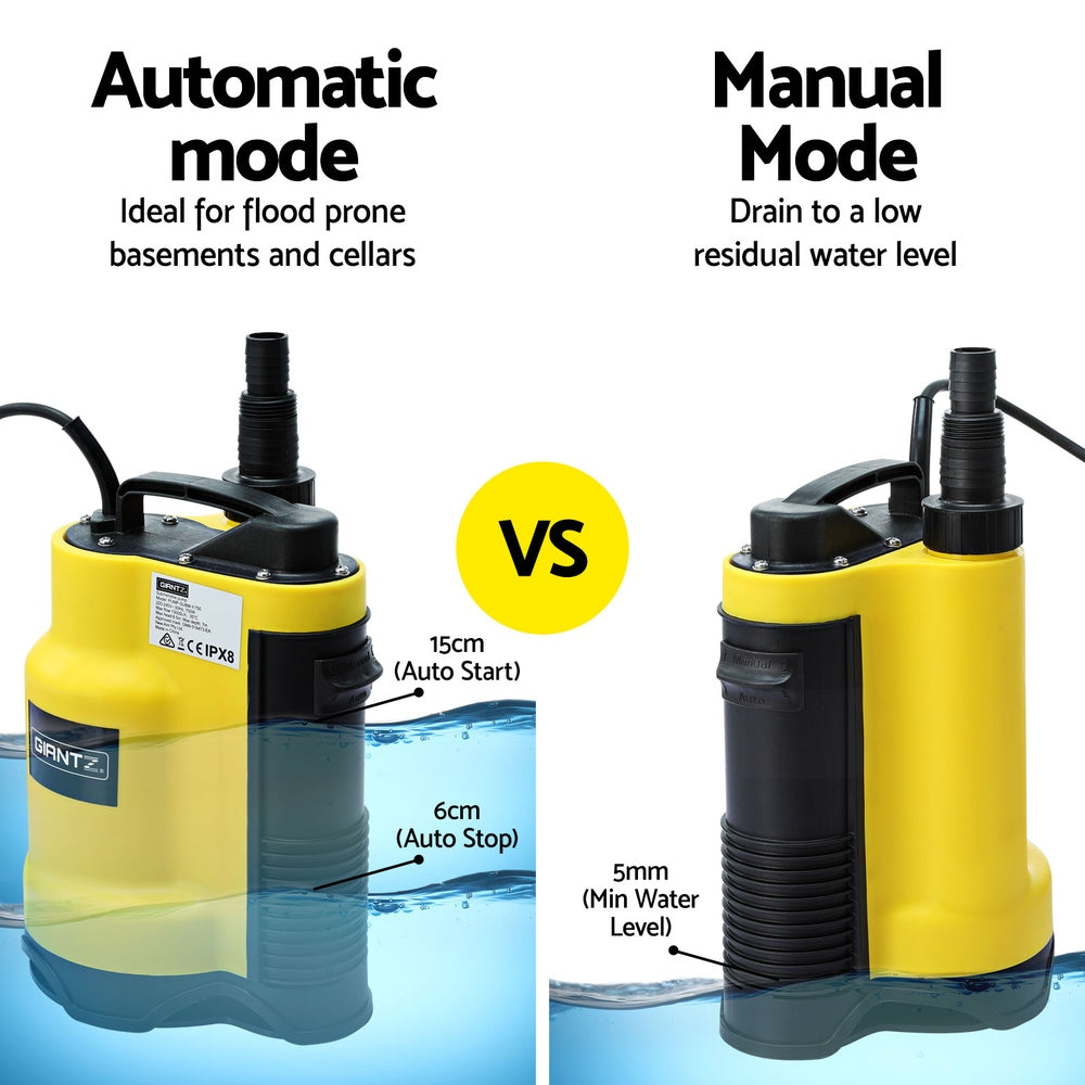 A bright yellow submersible pump with black accents and a black power cord, ideal for draining flooded areas or dirty water, is labeled "Giantz Garden Water Submersible Pump 400W Dirty Bore Sewerage Tank Well Steel" and features a handle on top for easy transport. A product label is also visible on the side of the pump.