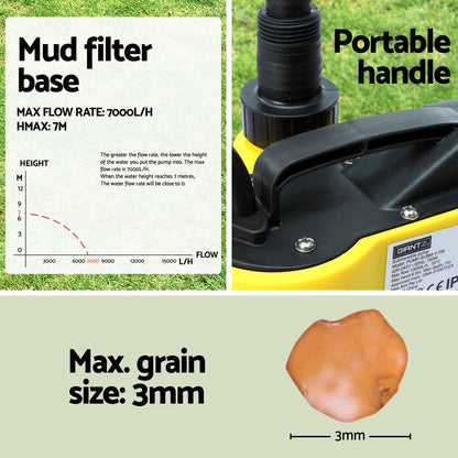 A bright yellow submersible pump with black accents and a black power cord, ideal for draining flooded areas or dirty water, is labeled "Giantz Garden Water Submersible Pump 400W Dirty Bore Sewerage Tank Well Steel" and features a handle on top for easy transport. A product label is also visible on the side of the pump.