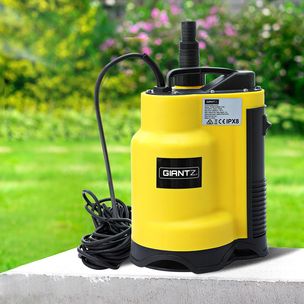 A bright yellow submersible pump with black accents and a black power cord, ideal for draining flooded areas or dirty water, is labeled "Giantz Garden Water Submersible Pump 400W Dirty Bore Sewerage Tank Well Steel" and features a handle on top for easy transport. A product label is also visible on the side of the pump.