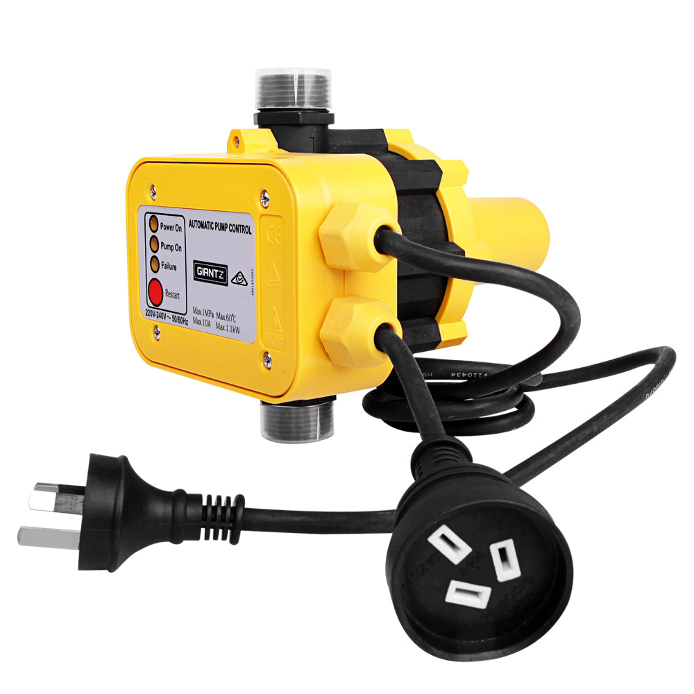 A Giantz Water Pressure Pump Controller Auto Switch Control Electric Electronic Yellow with labeled LED indicators for "Power On," "Pump On," and "Failure." It has two cable connections and a power plug attached, designed for controlling household pressure pumps automatically.