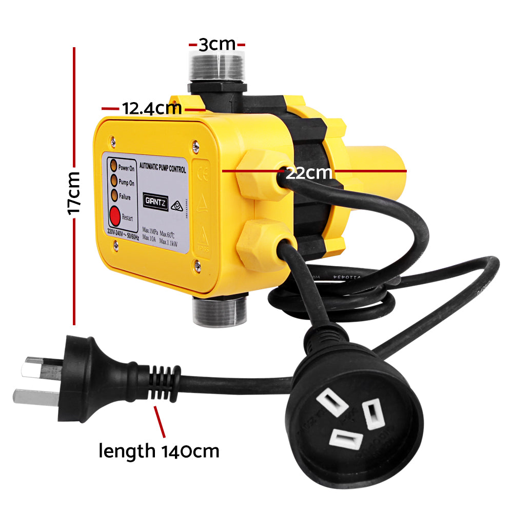 A Giantz Water Pressure Pump Controller Auto Switch Control Electric Electronic Yellow with labeled LED indicators for "Power On," "Pump On," and "Failure." It has two cable connections and a power plug attached, designed for controlling household pressure pumps automatically.