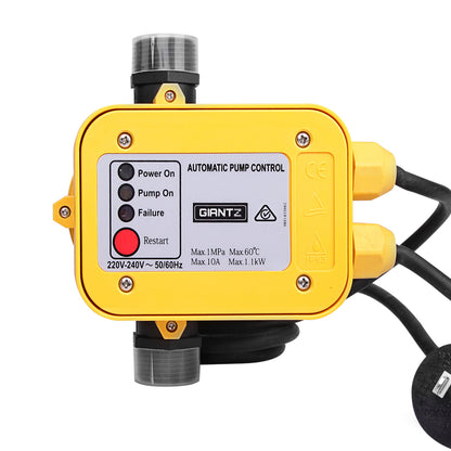 A Giantz Water Pressure Pump Controller Auto Switch Control Electric Electronic Yellow with labeled LED indicators for "Power On," "Pump On," and "Failure." It has two cable connections and a power plug attached, designed for controlling household pressure pumps automatically.