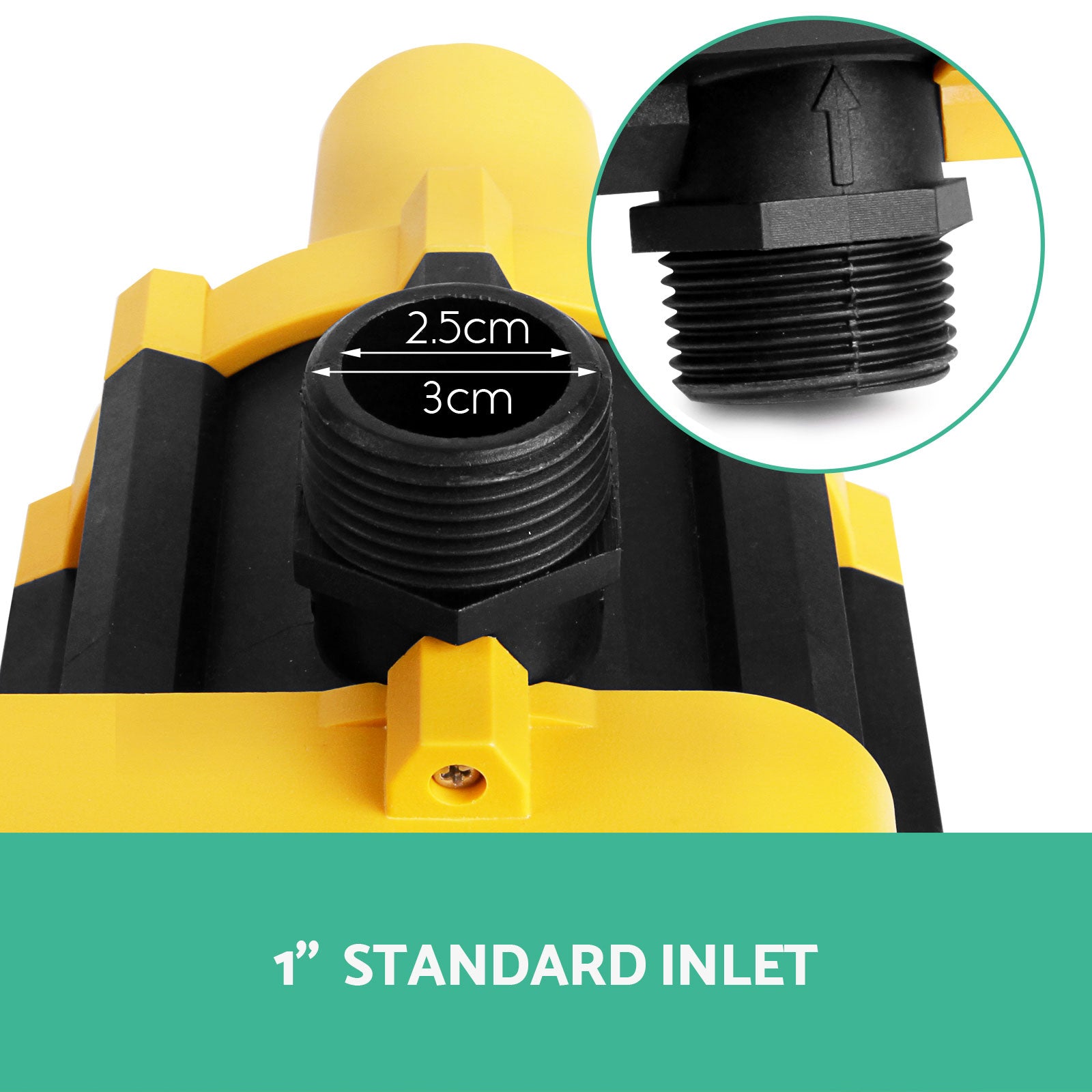 A Giantz Water Pressure Pump Controller Auto Switch Control Electric Electronic Yellow with labeled LED indicators for "Power On," "Pump On," and "Failure." It has two cable connections and a power plug attached, designed for controlling household pressure pumps automatically.