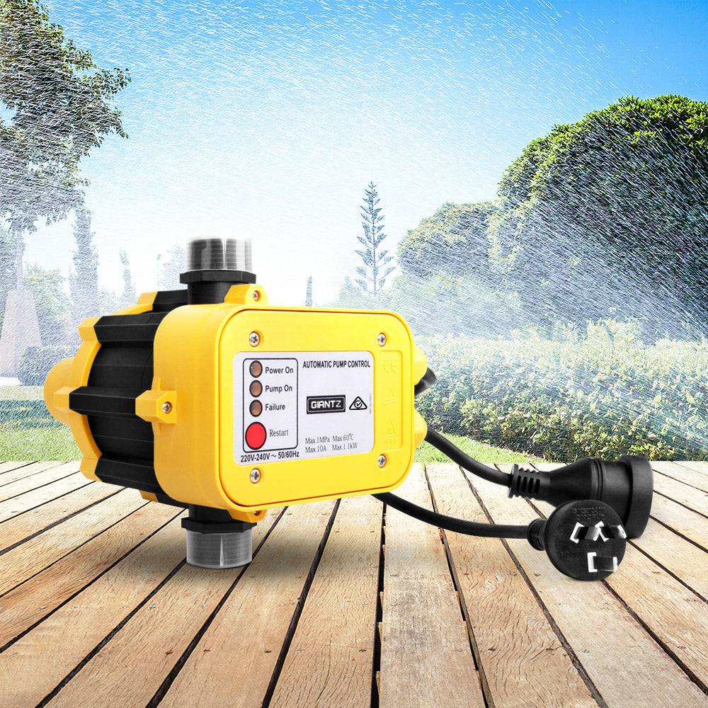 A Giantz Water Pressure Pump Controller Auto Switch Control Electric Electronic Yellow with labeled LED indicators for "Power On," "Pump On," and "Failure." It has two cable connections and a power plug attached, designed for controlling household pressure pumps automatically.