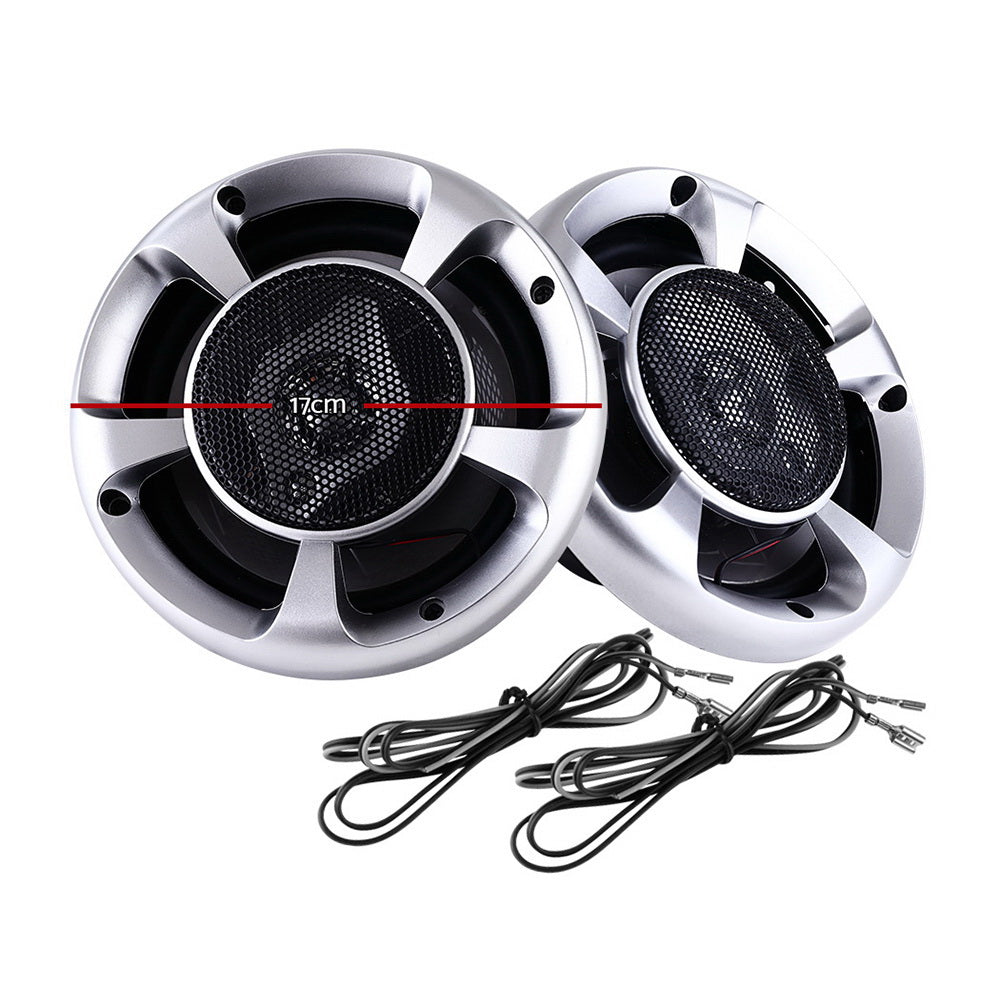 A pair of Giantz Set of 2 6.5inch LED Light Car Speakers with black grilles, each featuring a red stripe and labeled "17cm." These in-car entertainment speakers are connected with attached wires, illuminated by blue LEDs, and two additional sets of audio cables are displayed in front of them.