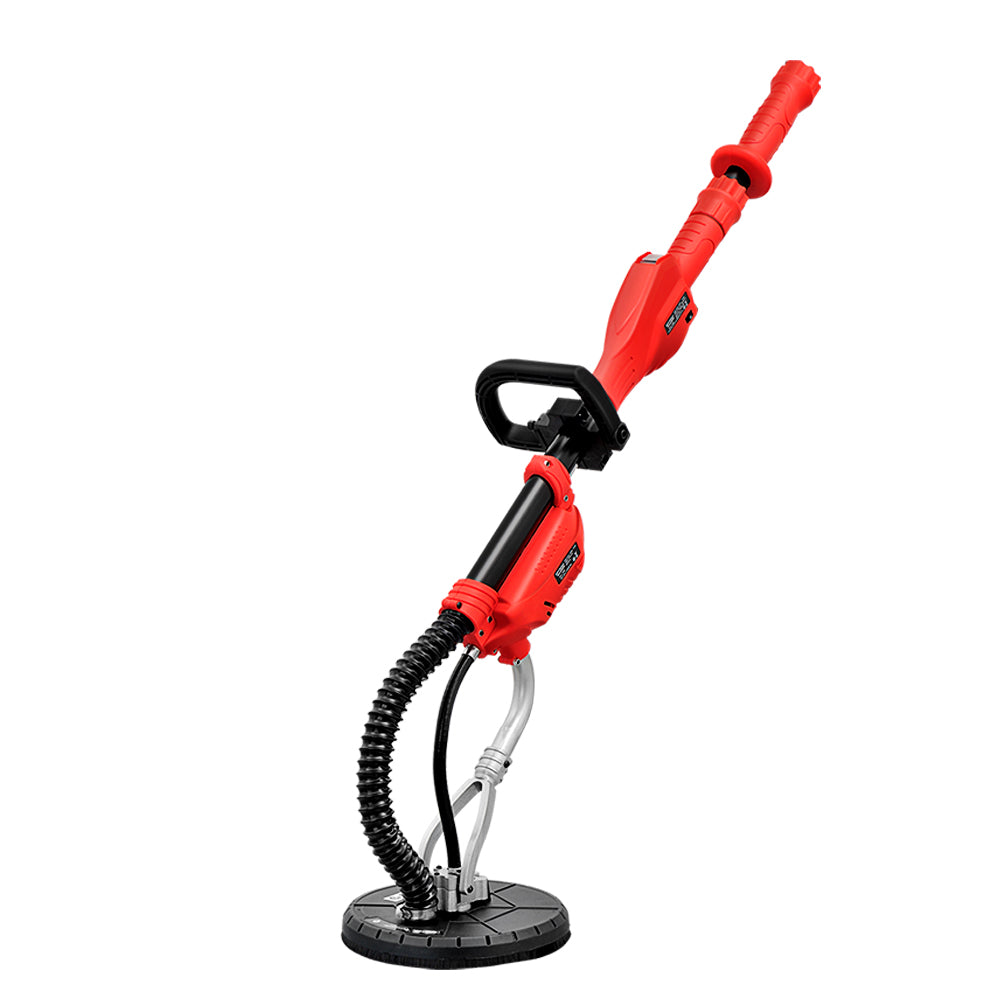 A red Giantz 800W Drywall Sander Plaster Wall Board Dust with a long handle and a circular sanding base, powered by an 800W motor. It features an adjustable black handle midway up the shaft for better grip and control, along with a flexible dust extraction hose attached to the sanding base for professional sanding results.