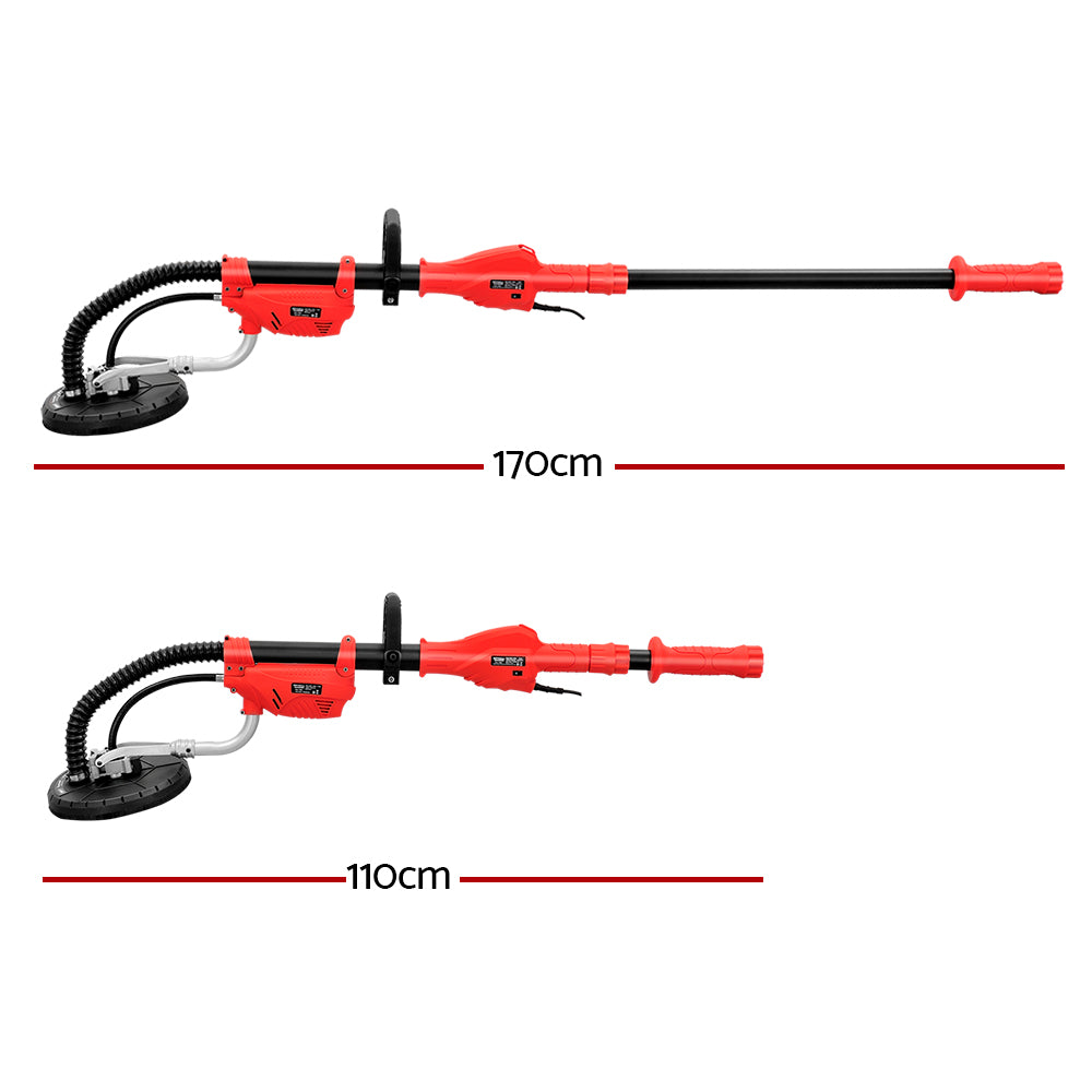 A red Giantz 800W Drywall Sander Plaster Wall Board Dust with a long handle and a circular sanding base, powered by an 800W motor. It features an adjustable black handle midway up the shaft for better grip and control, along with a flexible dust extraction hose attached to the sanding base for professional sanding results.