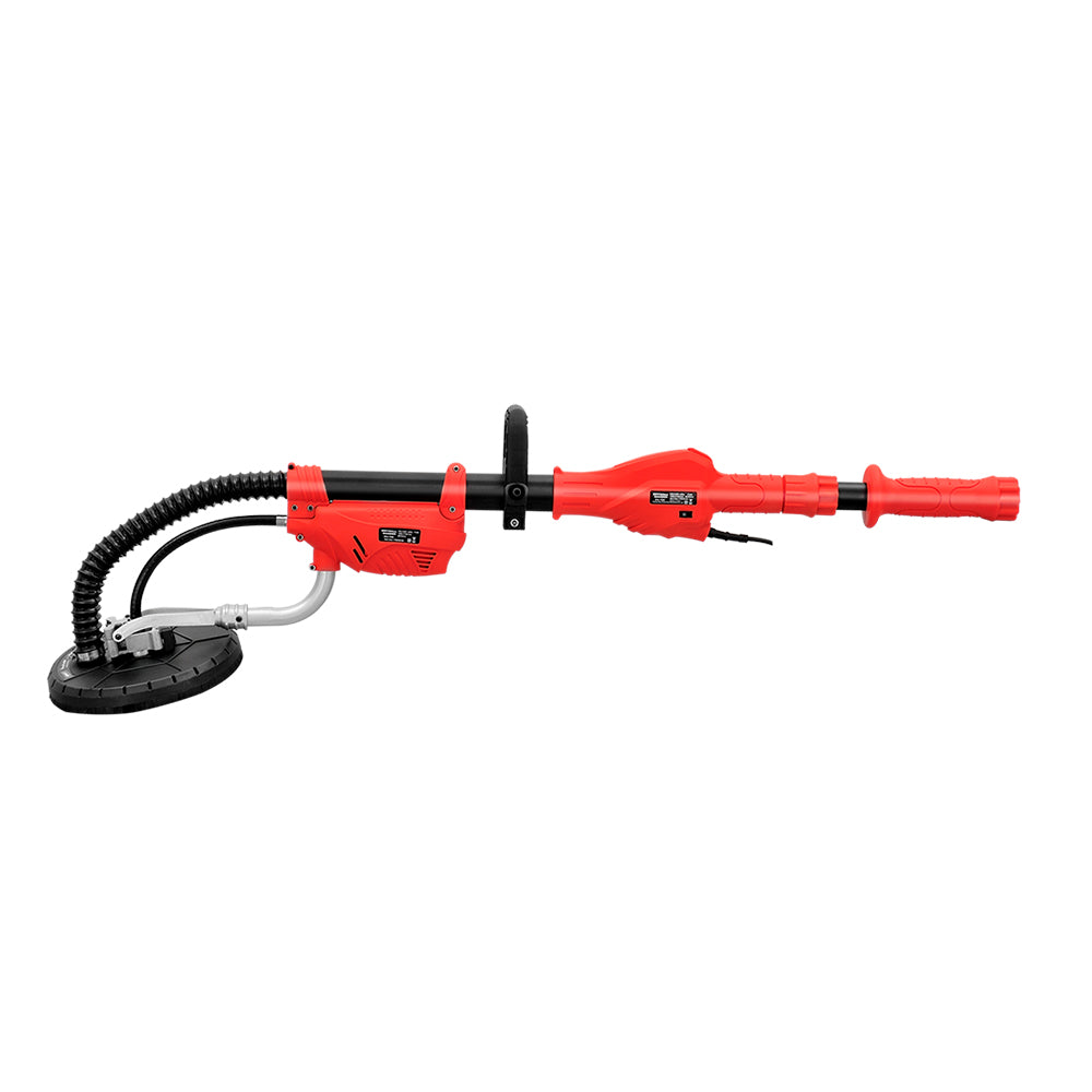 A red Giantz 800W Drywall Sander Plaster Wall Board Dust with a long handle and a circular sanding base, powered by an 800W motor. It features an adjustable black handle midway up the shaft for better grip and control, along with a flexible dust extraction hose attached to the sanding base for professional sanding results.