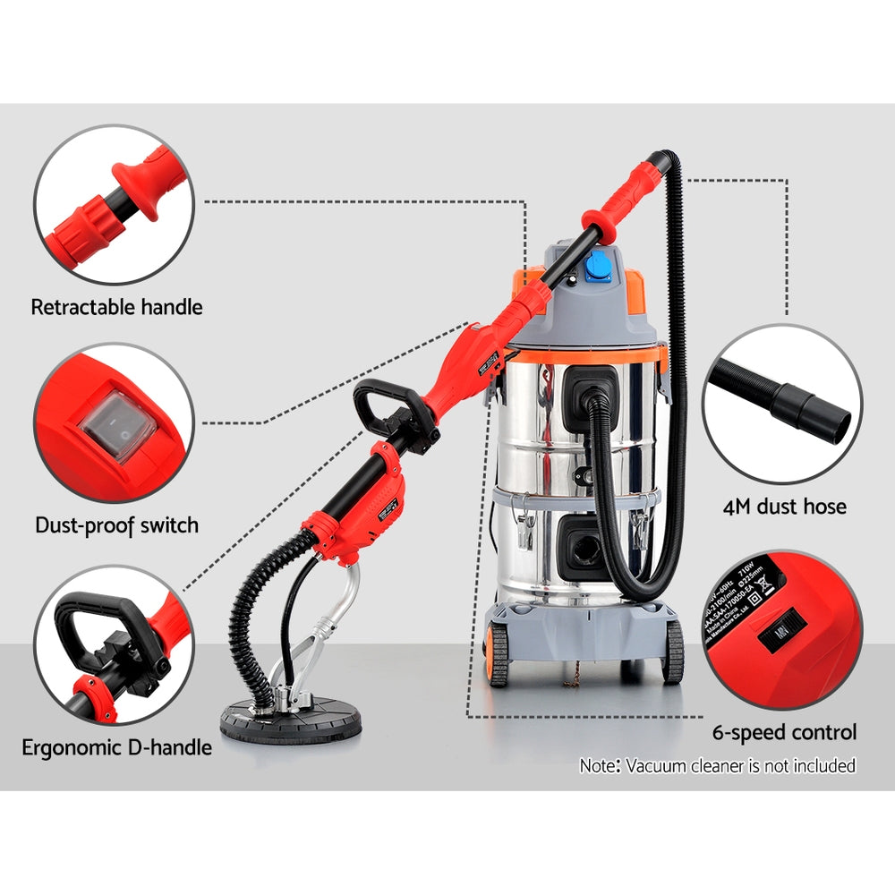 A red Giantz 800W Drywall Sander Plaster Wall Board Dust with a long handle and a circular sanding base, powered by an 800W motor. It features an adjustable black handle midway up the shaft for better grip and control, along with a flexible dust extraction hose attached to the sanding base for professional sanding results.