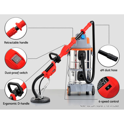 A red Giantz 800W Drywall Sander Plaster Wall Board Dust with a long handle and a circular sanding base, powered by an 800W motor. It features an adjustable black handle midway up the shaft for better grip and control, along with a flexible dust extraction hose attached to the sanding base for professional sanding results.