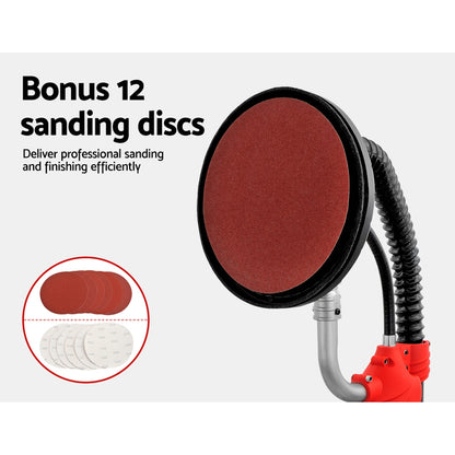 A red Giantz 800W Drywall Sander Plaster Wall Board Dust with a long handle and a circular sanding base, powered by an 800W motor. It features an adjustable black handle midway up the shaft for better grip and control, along with a flexible dust extraction hose attached to the sanding base for professional sanding results.