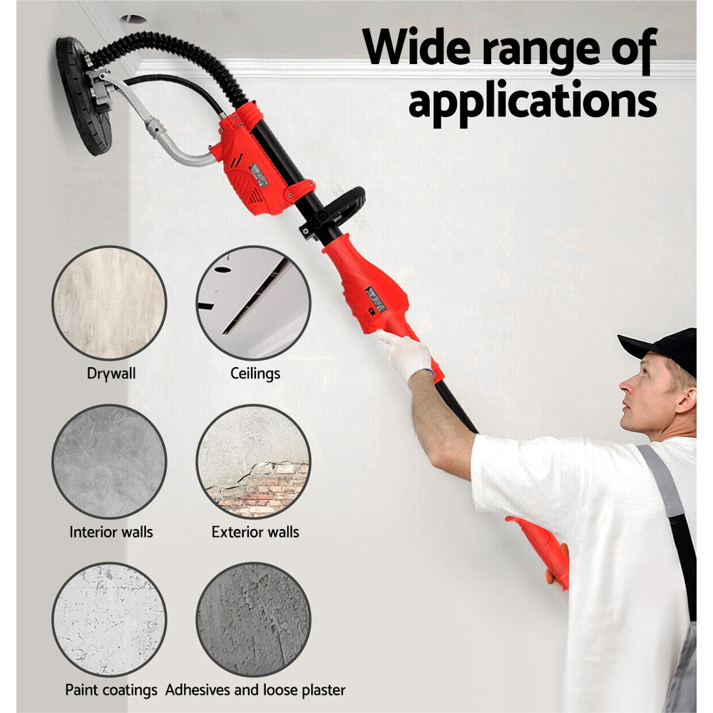 A red Giantz 800W Drywall Sander Plaster Wall Board Dust with a long handle and a circular sanding base, powered by an 800W motor. It features an adjustable black handle midway up the shaft for better grip and control, along with a flexible dust extraction hose attached to the sanding base for professional sanding results.