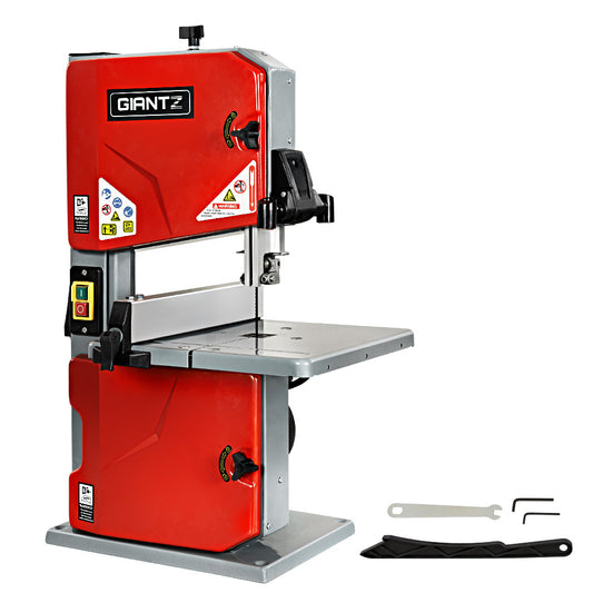 A red Giantz Bandsaw Blades Guides Wood Timber Cutting Table Band Saw Blade Sharpener with a sturdy base, black and silver details, and various buttons and safety labels. The 250mm bandsaw features a flat work surface, a powerful 250W pure copper motor, and comes with additional tools including a wrench, an Allen key, and a black adjuster—perfect for any woodworking workshop.