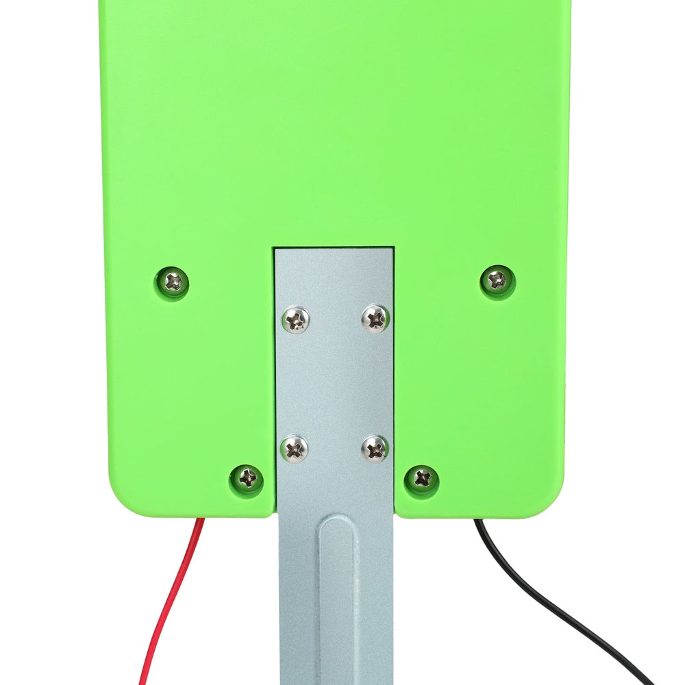 A green and yellow battery-powered Electric Fence Energiser labeled "Giantz 18km Electric Fence Energiser 1.56J" features images of livestock on it. The device includes a power indicator and two knobs. Attached are black and red cables with alligator clips for connection, ensuring reliable livestock protection.