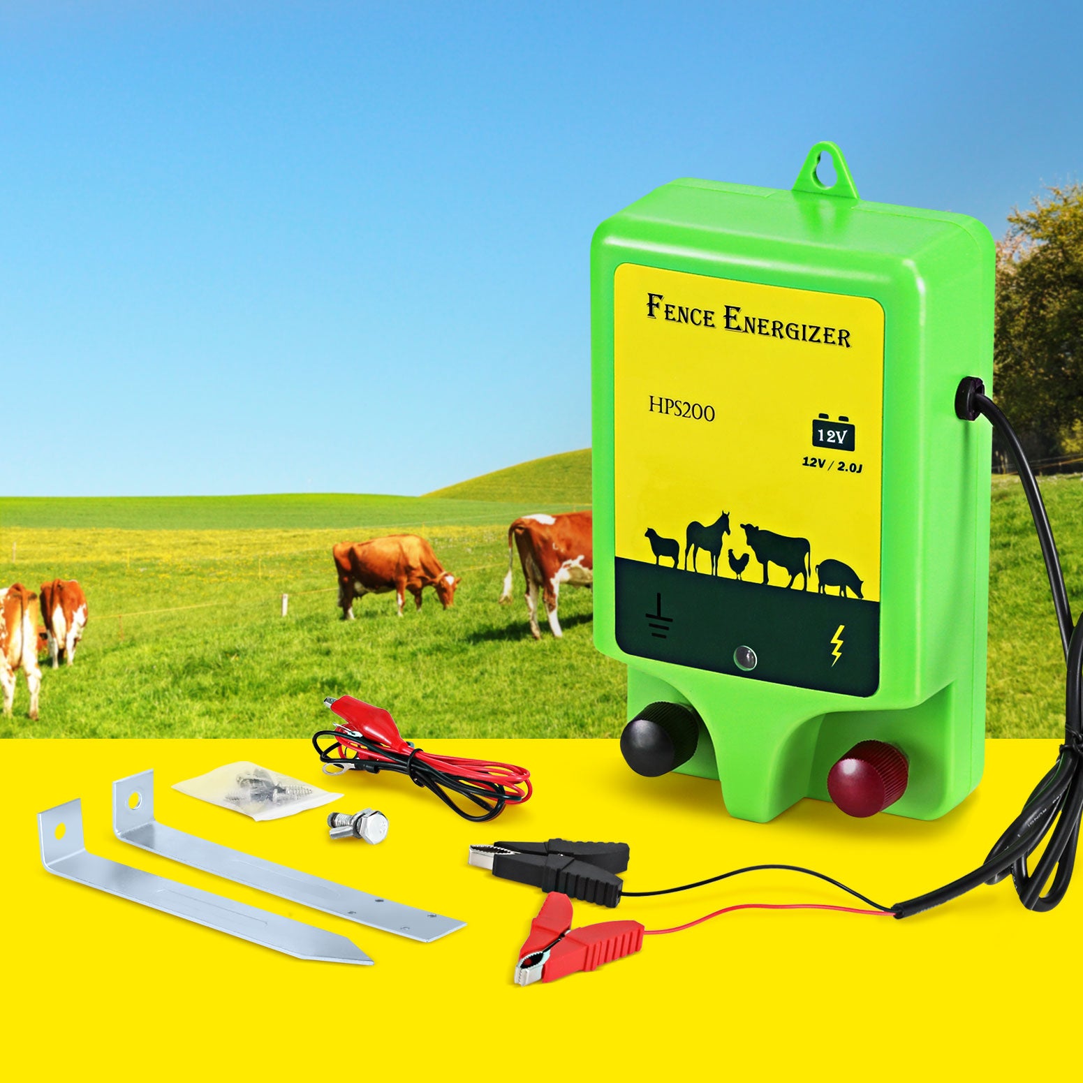 A green and yellow battery-powered Electric Fence Energiser labeled "Giantz 18km Electric Fence Energiser 1.56J" features images of livestock on it. The device includes a power indicator and two knobs. Attached are black and red cables with alligator clips for connection, ensuring reliable livestock protection.