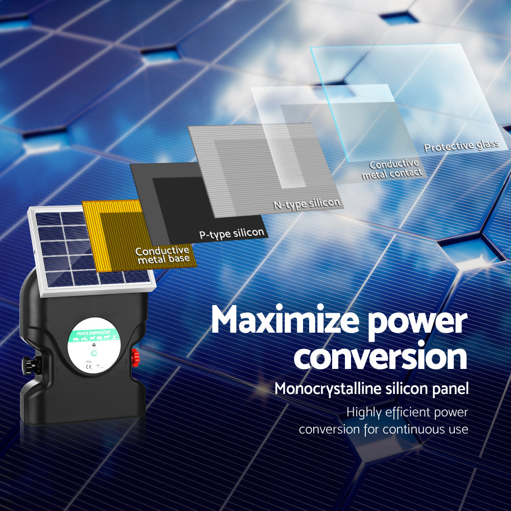 A black, portable Giantz Fence Energiser 20KM Solar Powered 1.2J Electric with a handle on top ensures livestock protection. It's connected to a small solar panel by a cable, employing two red alligator clips attached to black and red wires in front of the waterproof energizer.