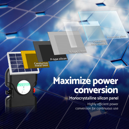 A black, portable Giantz Fence Energiser 20KM Solar Powered 1.2J Electric with a handle on top ensures livestock protection. It's connected to a small solar panel by a cable, employing two red alligator clips attached to black and red wires in front of the waterproof energizer.