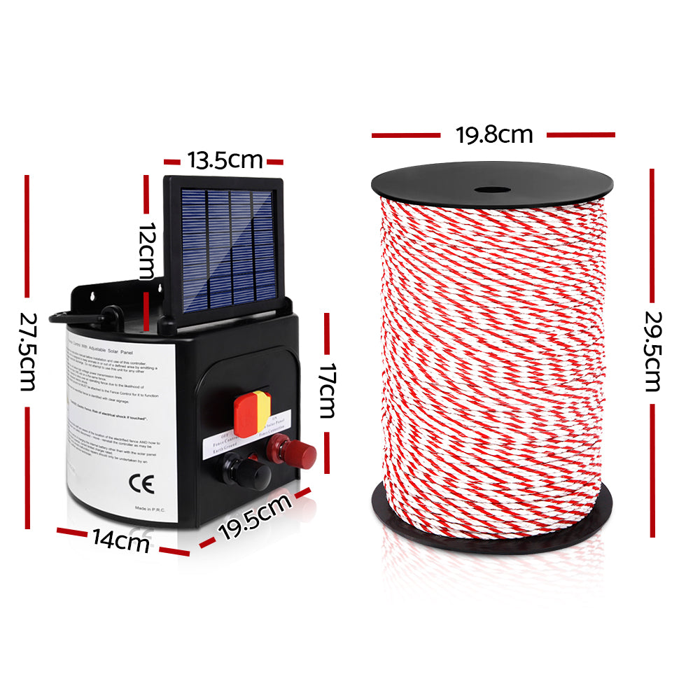 A Giantz Fence Energiser 3KM Solar Powered Electric 500M Poly Rope with a black and red fence energiser unit featuring a solar panel on top, red and black connectors, and an on/off switch. Included are a roll of red and white wire, a set of connectors and cables, and a yellow "Shock Warning" sign for effective livestock protection.