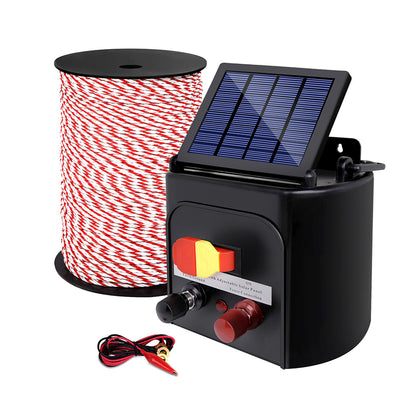 A Giantz Fence Energiser 3KM Solar Powered Electric 500M Poly Rope with a black and red fence energiser unit featuring a solar panel on top, red and black connectors, and an on/off switch. Included are a roll of red and white wire, a set of connectors and cables, and a yellow "Shock Warning" sign for effective livestock protection.