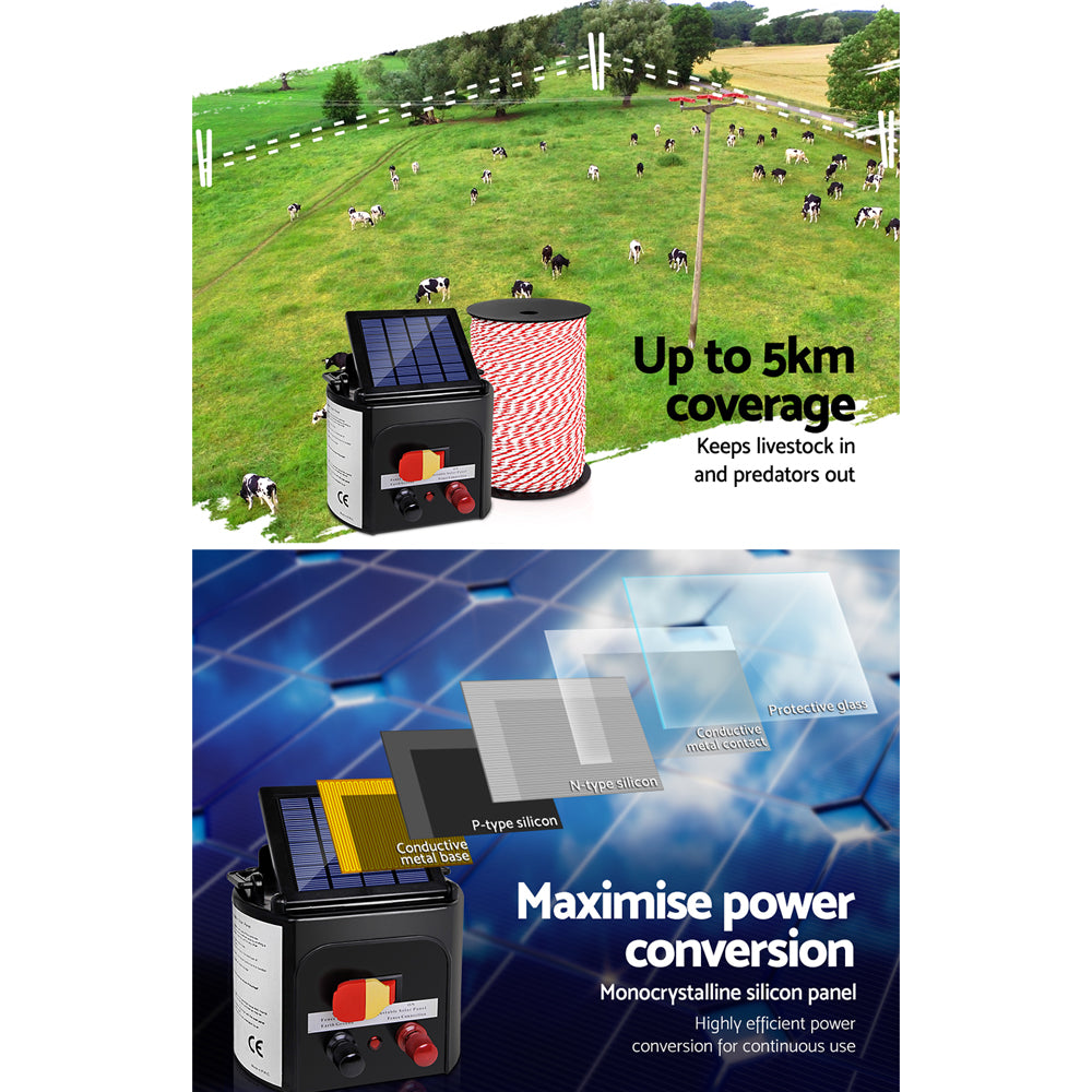 A Giantz Fence Energiser 5KM Solar Powered Electric 500M Poly Rope, including a black solar unit with red and black connectors, a coil of red and white insulated wire, black clips, red and black alligator clips, and a yellow shock warning sign with a hand touching a livestock fence.