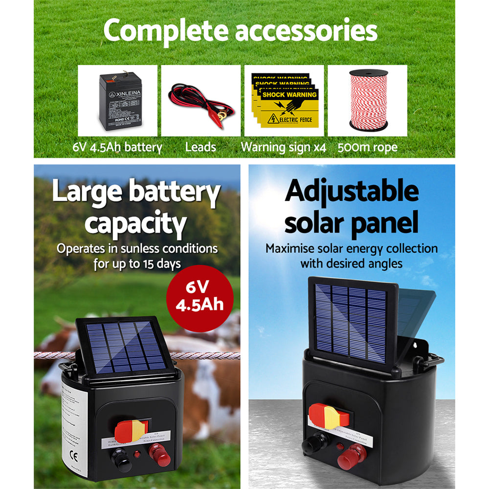 A Giantz Fence Energiser 5KM Solar Powered Electric 500M Poly Rope, including a black solar unit with red and black connectors, a coil of red and white insulated wire, black clips, red and black alligator clips, and a yellow shock warning sign with a hand touching a livestock fence.