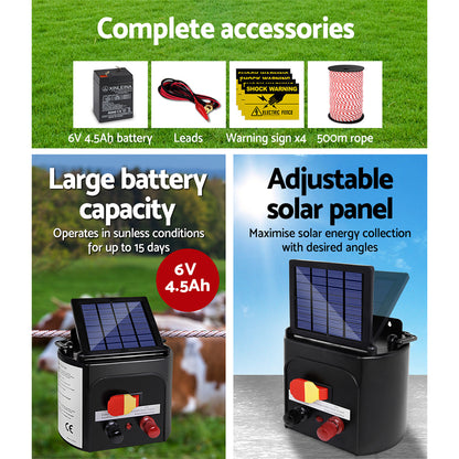 A Giantz Fence Energiser 5KM Solar Powered Electric 500M Poly Rope, including a black solar unit with red and black connectors, a coil of red and white insulated wire, black clips, red and black alligator clips, and a yellow shock warning sign with a hand touching a livestock fence.