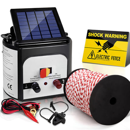 Image of a Giantz Fence Energiser 8KM Solar Powered Electric 500M Poly Rope kit, featuring a unit with a solar panel on top, versatile fence charger spool of electric fence wire, connecting cables, hooks, and a yellow warning sign reading "Shock Warning: Electric Fence." Ideal for livestock protection.