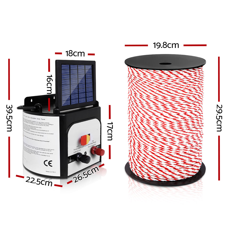 Image of a Giantz Fence Energiser 8KM Solar Powered Electric 500M Poly Rope kit, featuring a unit with a solar panel on top, versatile fence charger spool of electric fence wire, connecting cables, hooks, and a yellow warning sign reading "Shock Warning: Electric Fence." Ideal for livestock protection.